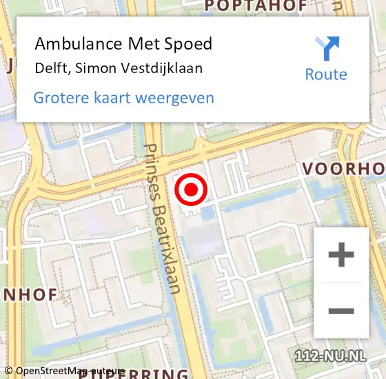 Locatie op kaart van de 112 melding: Ambulance Met Spoed Naar Delft, Simon Vestdijklaan op 27 oktober 2023 22:14
