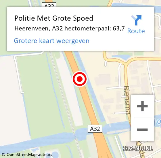 Locatie op kaart van de 112 melding: Politie Met Grote Spoed Naar Heerenveen, A32 hectometerpaal: 63,7 op 28 oktober 2023 03:07