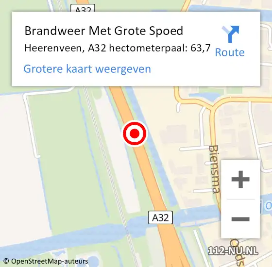 Locatie op kaart van de 112 melding: Brandweer Met Grote Spoed Naar Heerenveen, A32 hectometerpaal: 63,7 op 28 oktober 2023 03:09
