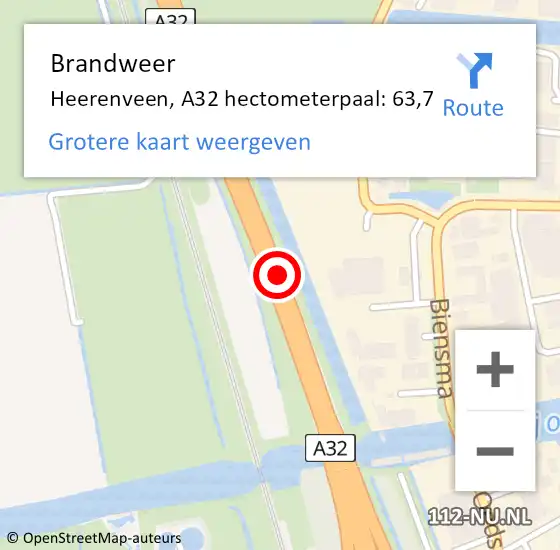 Locatie op kaart van de 112 melding: Brandweer Heerenveen, A32 hectometerpaal: 63,7 op 28 oktober 2023 03:11