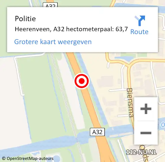 Locatie op kaart van de 112 melding: Politie Heerenveen, A32 hectometerpaal: 63,7 op 28 oktober 2023 03:12