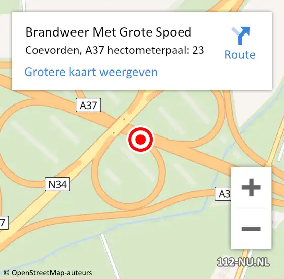 Locatie op kaart van de 112 melding: Brandweer Met Grote Spoed Naar Coevorden, A37 hectometerpaal: 23 op 28 oktober 2023 11:34