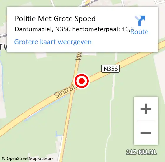 Locatie op kaart van de 112 melding: Politie Met Grote Spoed Naar Dantumadiel, N356 hectometerpaal: 46,3 op 28 oktober 2023 14:01