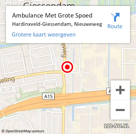 Locatie op kaart van de 112 melding: Ambulance Met Grote Spoed Naar Hardinxveld-Giessendam, Nieuweweg op 28 oktober 2023 18:45