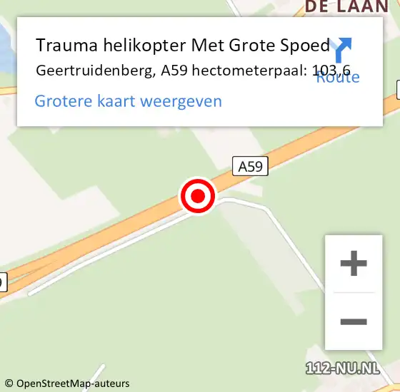 Locatie op kaart van de 112 melding: Trauma helikopter Met Grote Spoed Naar Geertruidenberg, A59 hectometerpaal: 103,6 op 29 oktober 2023 02:19