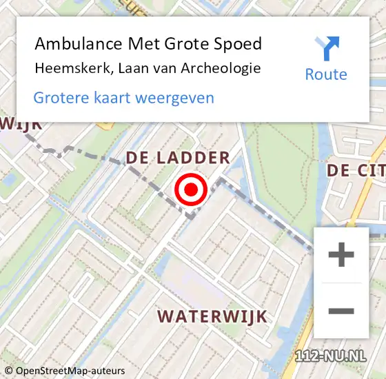 Locatie op kaart van de 112 melding: Ambulance Met Grote Spoed Naar Heemskerk, Laan van Archeologie op 29 oktober 2023 09:05