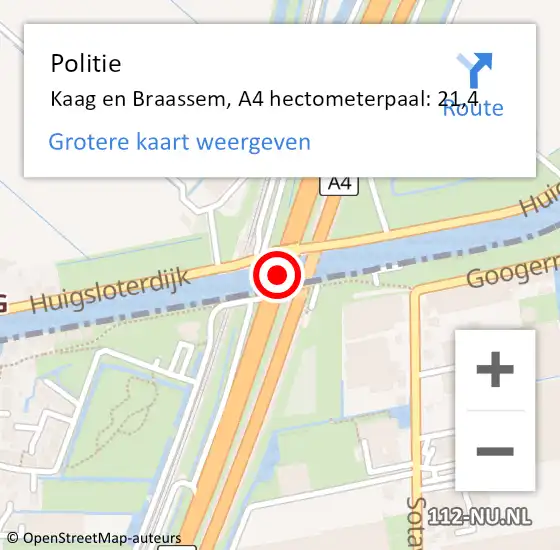 Locatie op kaart van de 112 melding: Politie Kaag en Braassem, A4 hectometerpaal: 21,4 op 29 oktober 2023 09:10