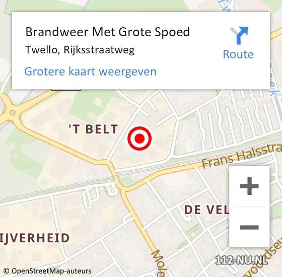 Locatie op kaart van de 112 melding: Brandweer Met Grote Spoed Naar Twello, Rijksstraatweg op 30 oktober 2023 15:29
