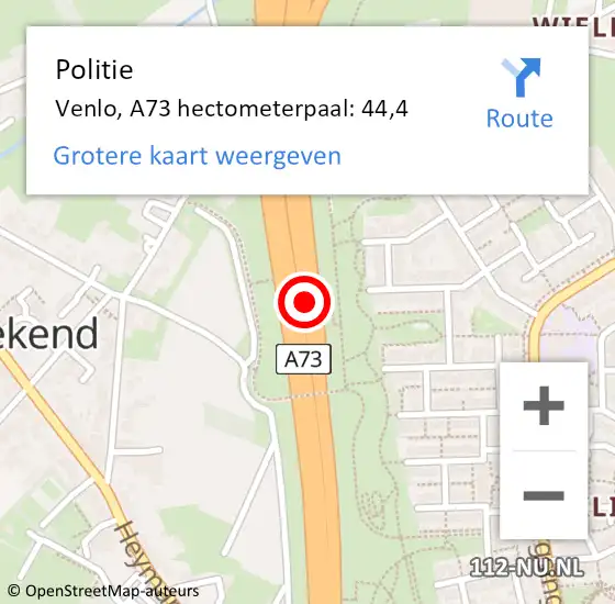 Locatie op kaart van de 112 melding: Politie Venlo, A73 hectometerpaal: 44,4 op 30 oktober 2023 17:32