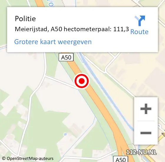 Locatie op kaart van de 112 melding: Politie Meierijstad, A50 hectometerpaal: 111,3 op 30 oktober 2023 22:39