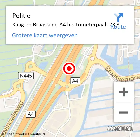 Locatie op kaart van de 112 melding: Politie Kaag en Braassem, A4 hectometerpaal: 23,3 op 30 oktober 2023 23:39