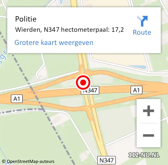 Locatie op kaart van de 112 melding: Politie Wierden, N347 hectometerpaal: 17,2 op 31 oktober 2023 18:14