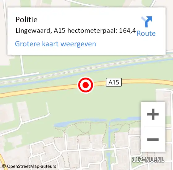 Locatie op kaart van de 112 melding: Politie Lingewaard, A15 hectometerpaal: 164,4 op 1 november 2023 06:49