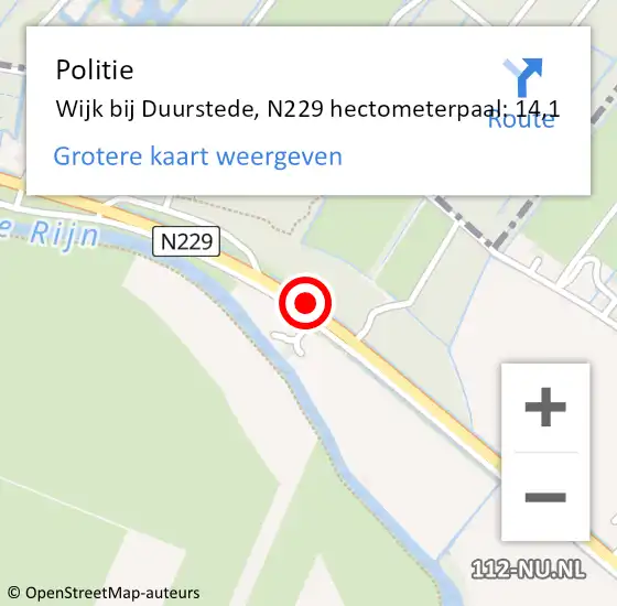 Locatie op kaart van de 112 melding: Politie Wijk bij Duurstede, N229 hectometerpaal: 14,1 op 1 november 2023 12:21