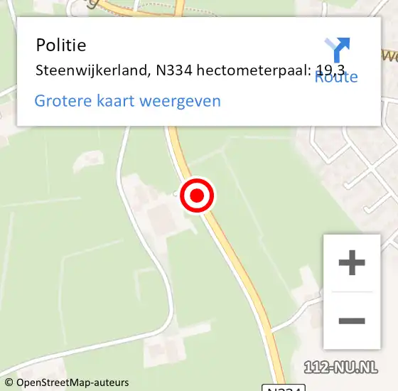 Locatie op kaart van de 112 melding: Politie Steenwijkerland, N334 hectometerpaal: 19,3 op 1 november 2023 17:35