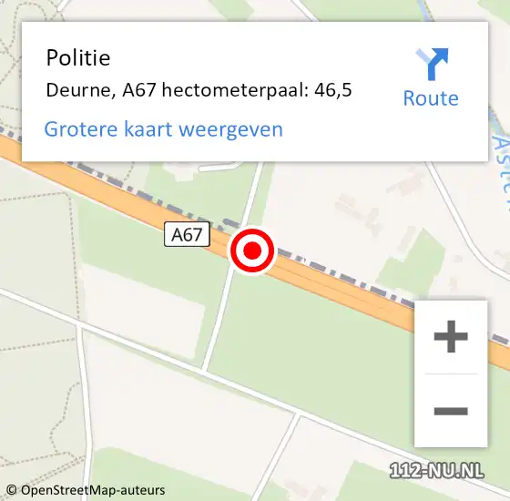 Locatie op kaart van de 112 melding: Politie Deurne, A67 hectometerpaal: 46,5 op 2 november 2023 11:33