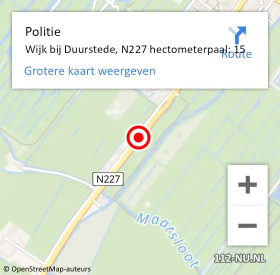 Locatie op kaart van de 112 melding: Politie Wijk bij Duurstede, N227 hectometerpaal: 15 op 2 november 2023 16:20