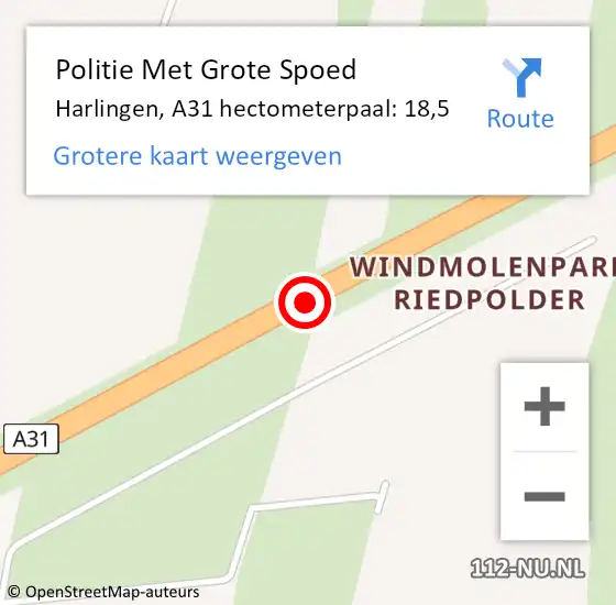 Locatie op kaart van de 112 melding: Politie Met Grote Spoed Naar Harlingen, A31 hectometerpaal: 18,5 op 2 november 2023 16:40