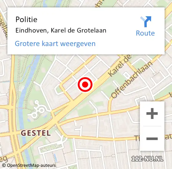 Locatie op kaart van de 112 melding: Politie Eindhoven, Karel de Grotelaan op 2 november 2023 17:39