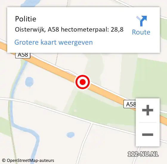 Locatie op kaart van de 112 melding: Politie Oisterwijk, A58 hectometerpaal: 28,8 op 2 november 2023 20:26
