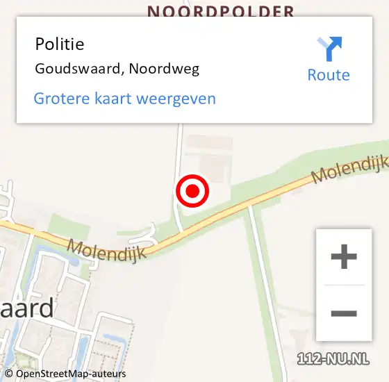 Locatie op kaart van de 112 melding: Politie Goudswaard, Noordweg op 3 november 2023 01:19