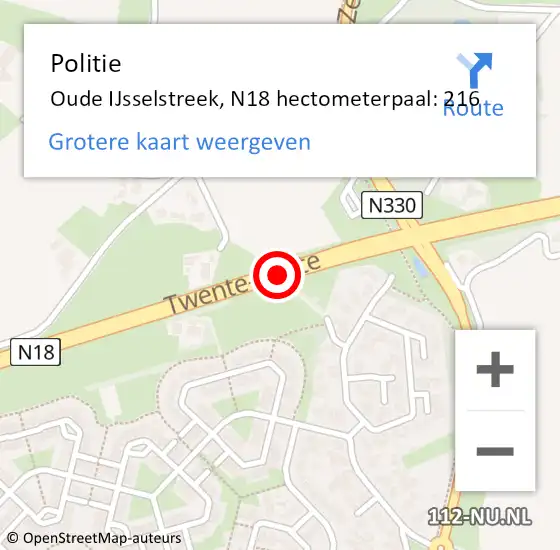 Locatie op kaart van de 112 melding: Politie Oude IJsselstreek, N18 hectometerpaal: 216 op 3 november 2023 15:46