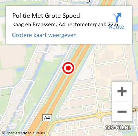 Locatie op kaart van de 112 melding: Politie Met Grote Spoed Naar Kaag en Braassem, A4 hectometerpaal: 22,6 op 3 november 2023 16:28