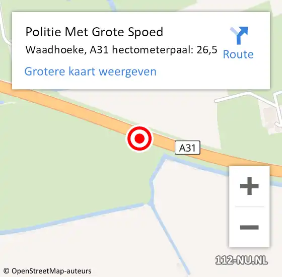 Locatie op kaart van de 112 melding: Politie Met Grote Spoed Naar Waadhoeke, A31 hectometerpaal: 26,5 op 3 november 2023 17:39