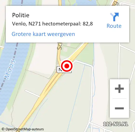 Locatie op kaart van de 112 melding: Politie Venlo, N271 hectometerpaal: 82,8 op 3 november 2023 17:49