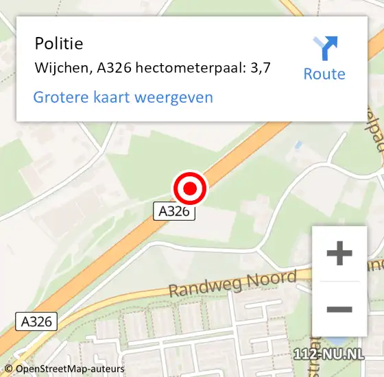 Locatie op kaart van de 112 melding: Politie Wijchen, A326 hectometerpaal: 3,7 op 3 november 2023 18:44