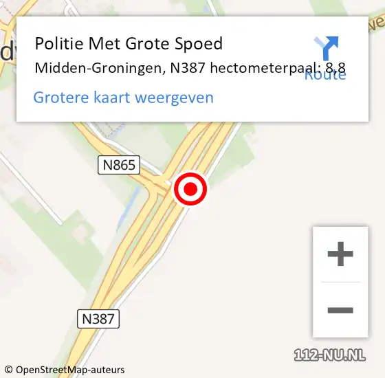 Locatie op kaart van de 112 melding: Politie Met Grote Spoed Naar Midden-Groningen, N387 hectometerpaal: 8,8 op 3 november 2023 20:08