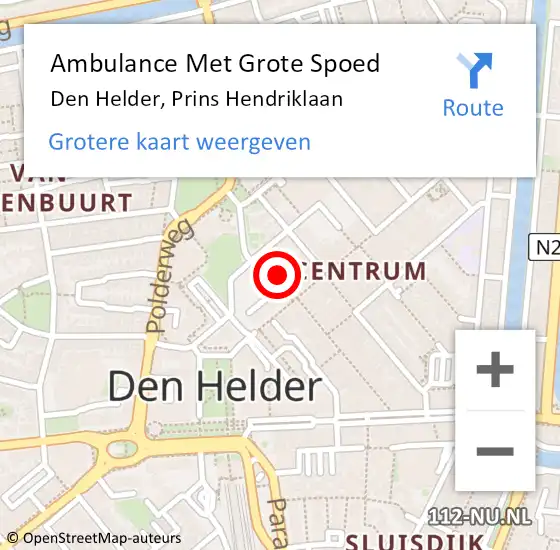 Locatie op kaart van de 112 melding: Ambulance Met Grote Spoed Naar Den Helder, Prins Hendriklaan op 4 november 2023 16:36