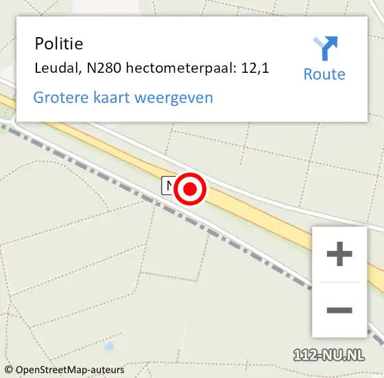 Locatie op kaart van de 112 melding: Politie Leudal, N280 hectometerpaal: 12,1 op 4 november 2023 18:49