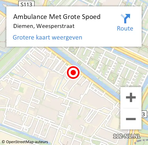 Locatie op kaart van de 112 melding: Ambulance Met Grote Spoed Naar Diemen, Weesperstraat op 4 november 2023 19:03