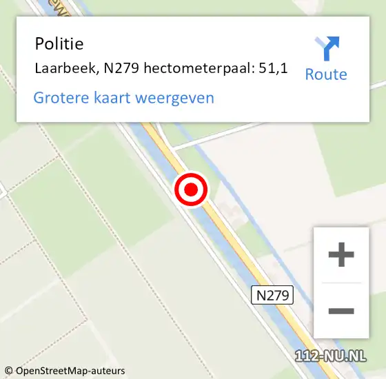 Locatie op kaart van de 112 melding: Politie Laarbeek, N279 hectometerpaal: 51,1 op 5 november 2023 14:49