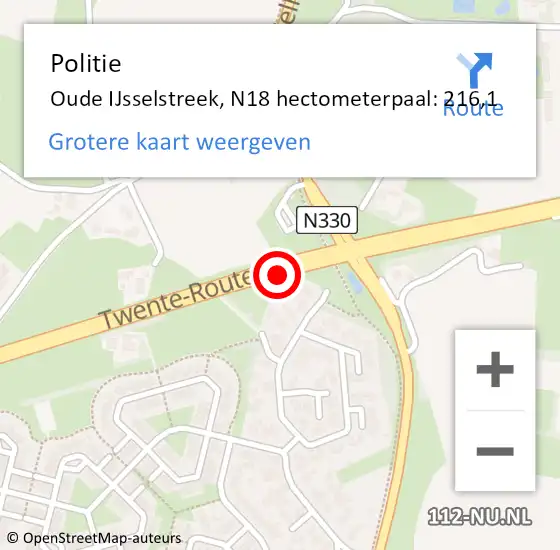 Locatie op kaart van de 112 melding: Politie Oude IJsselstreek, N18 hectometerpaal: 216,1 op 5 november 2023 14:57