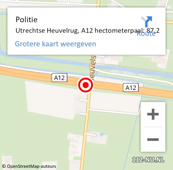 Locatie op kaart van de 112 melding: Politie Utrechtse Heuvelrug, A12 hectometerpaal: 87,2 op 6 november 2023 07:21