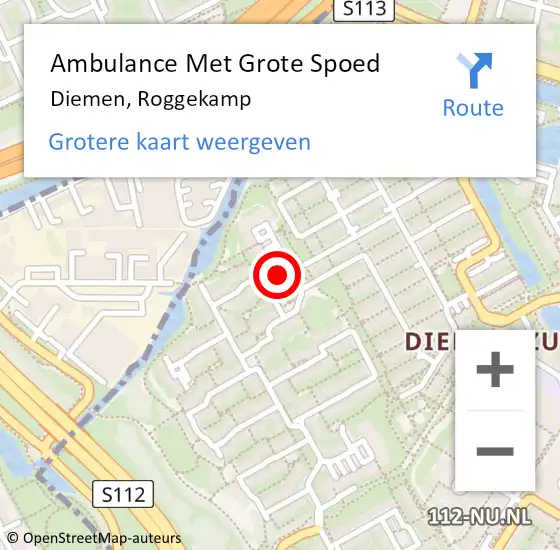 Locatie op kaart van de 112 melding: Ambulance Met Grote Spoed Naar Diemen, Roggekamp op 6 november 2023 10:07