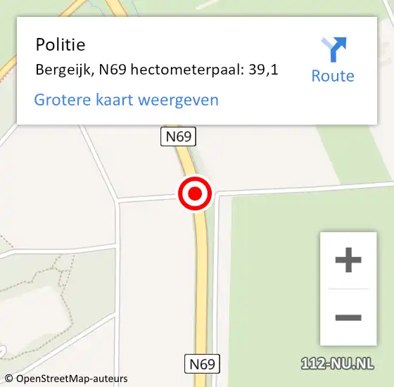Locatie op kaart van de 112 melding: Politie Bergeijk, N69 hectometerpaal: 39,1 op 6 november 2023 16:53
