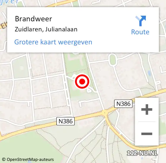 Locatie op kaart van de 112 melding: Brandweer Zuidlaren, Julianalaan op 6 november 2023 17:01