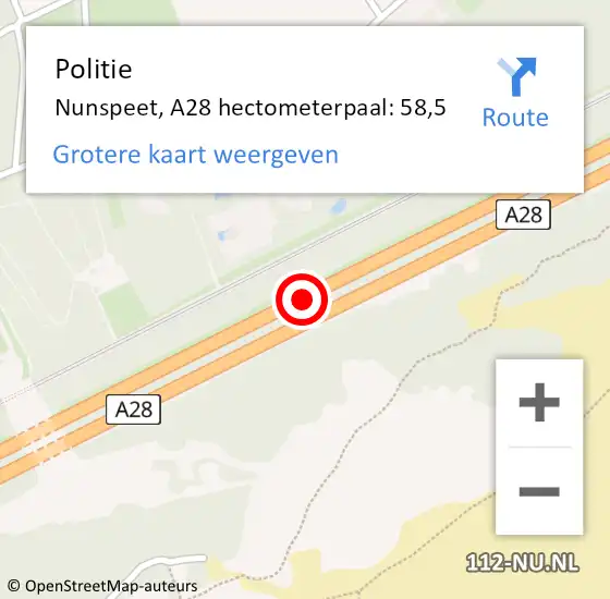 Locatie op kaart van de 112 melding: Politie Nunspeet, A28 hectometerpaal: 58,5 op 6 november 2023 17:06