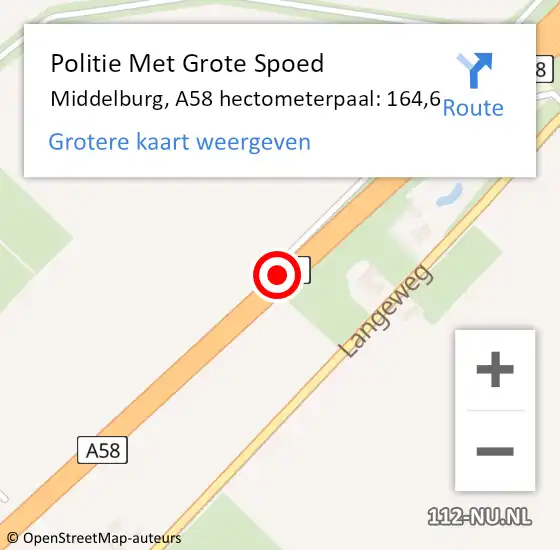 Locatie op kaart van de 112 melding: Politie Met Grote Spoed Naar Middelburg, A58 hectometerpaal: 164,6 op 7 november 2023 12:55
