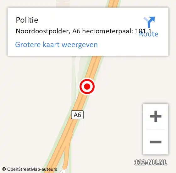 Locatie op kaart van de 112 melding: Politie Noordoostpolder, A6 hectometerpaal: 101,1 op 7 november 2023 22:20