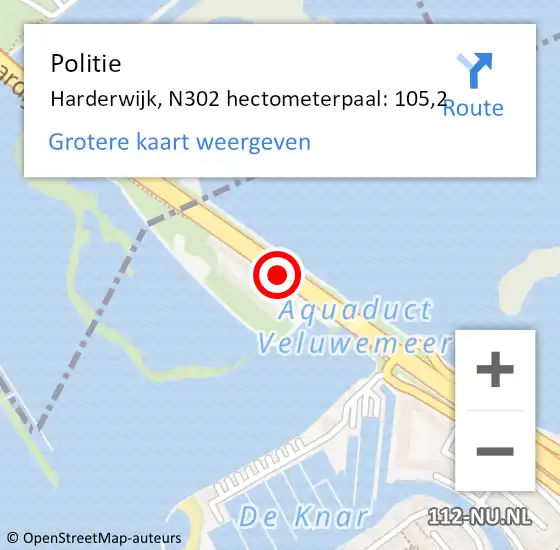 Locatie op kaart van de 112 melding: Politie Harderwijk, N302 hectometerpaal: 105,2 op 8 november 2023 08:24