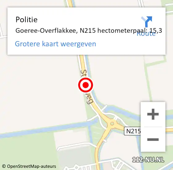 Locatie op kaart van de 112 melding: Politie Goeree-Overflakkee, N215 hectometerpaal: 15,3 op 8 november 2023 13:44