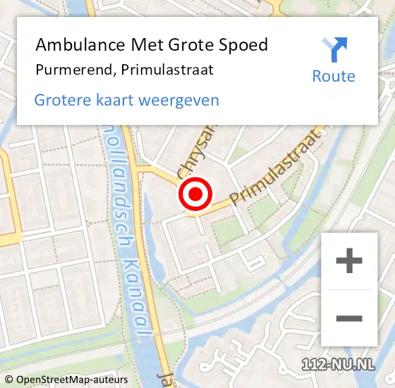 Locatie op kaart van de 112 melding: Ambulance Met Grote Spoed Naar Purmerend, Primulastraat op 8 november 2023 16:09