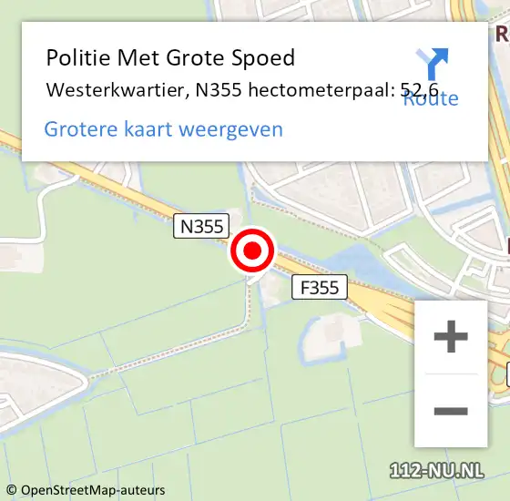 Locatie op kaart van de 112 melding: Politie Met Grote Spoed Naar Westerkwartier, N355 hectometerpaal: 52,6 op 8 november 2023 16:35