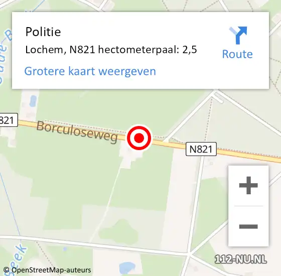 Locatie op kaart van de 112 melding: Politie Lochem, N821 hectometerpaal: 2,5 op 8 november 2023 16:43