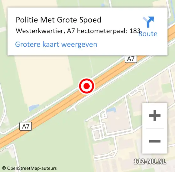 Locatie op kaart van de 112 melding: Politie Met Grote Spoed Naar Westerkwartier, A7 hectometerpaal: 183 op 8 november 2023 19:08