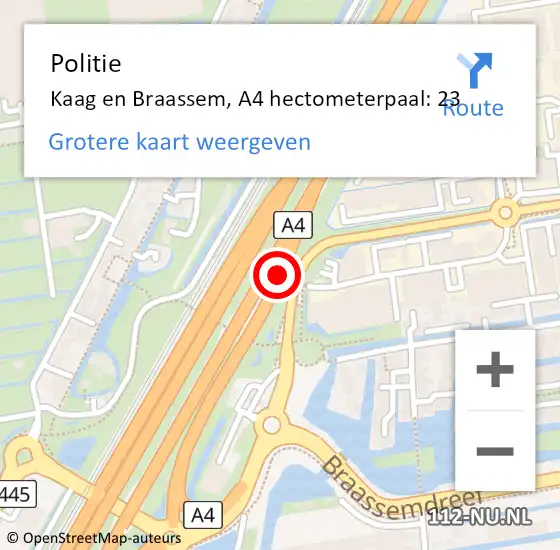 Locatie op kaart van de 112 melding: Politie Kaag en Braassem, A4 hectometerpaal: 23 op 8 november 2023 19:52